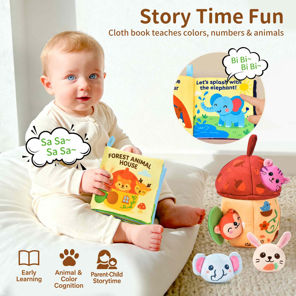 Duwagtry cloth book with textured pages encourages tactile learning.