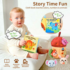 Duwagtry cloth book with textured pages encourages tactile learning.