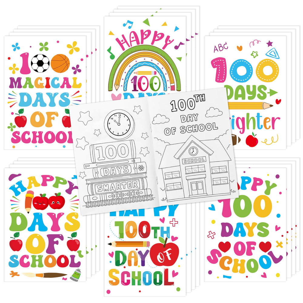 Dvbonike 24pcs 100 Days coloring books pack cover with colorful classroom themes.