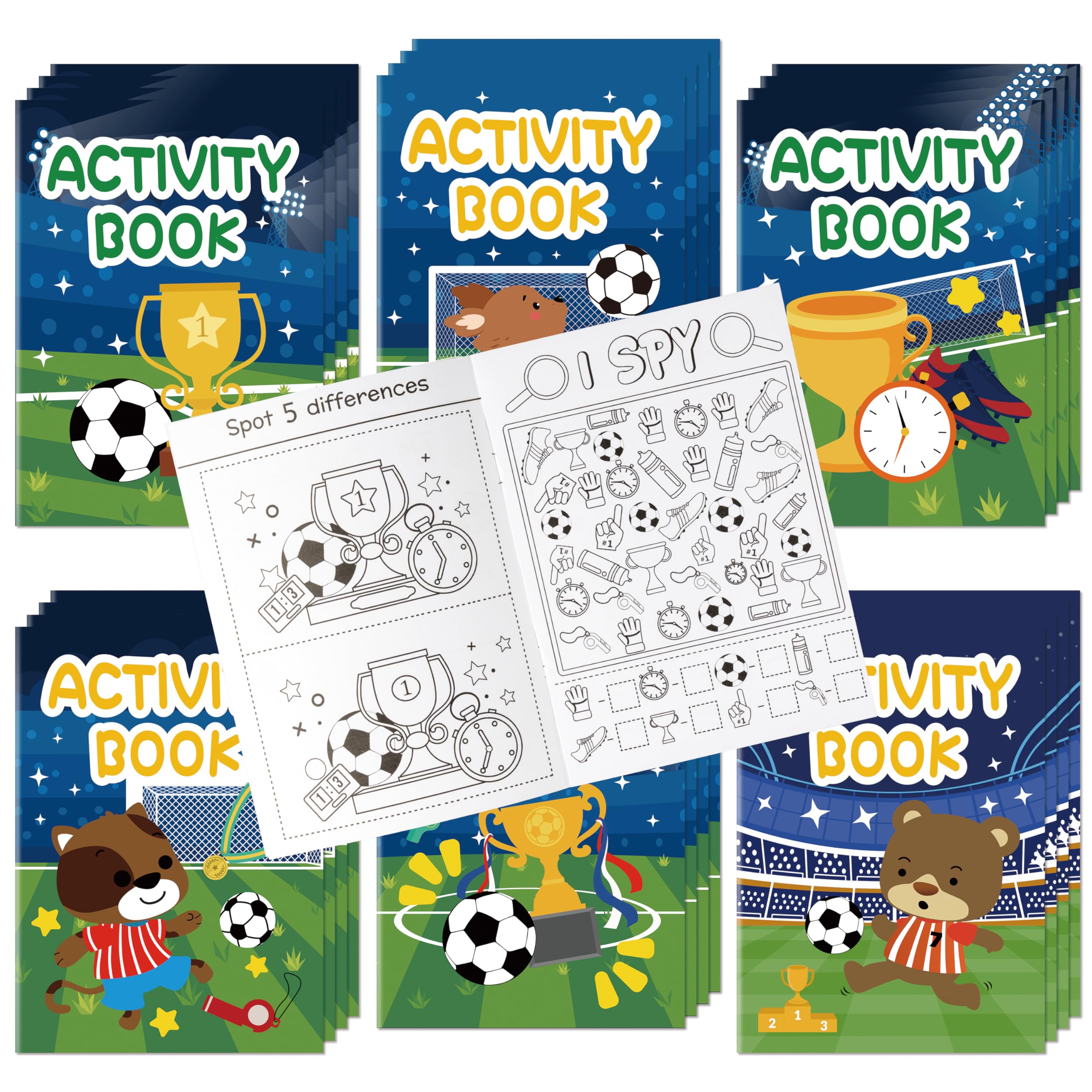 Dvbonike soccer activity books collection cover featuring colorful trophies and fields for party favors