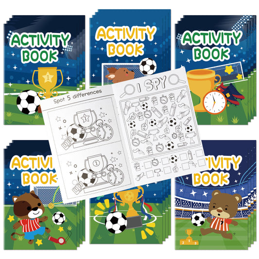 Dvbonike soccer activity books collection cover featuring colorful trophies and fields for party favors