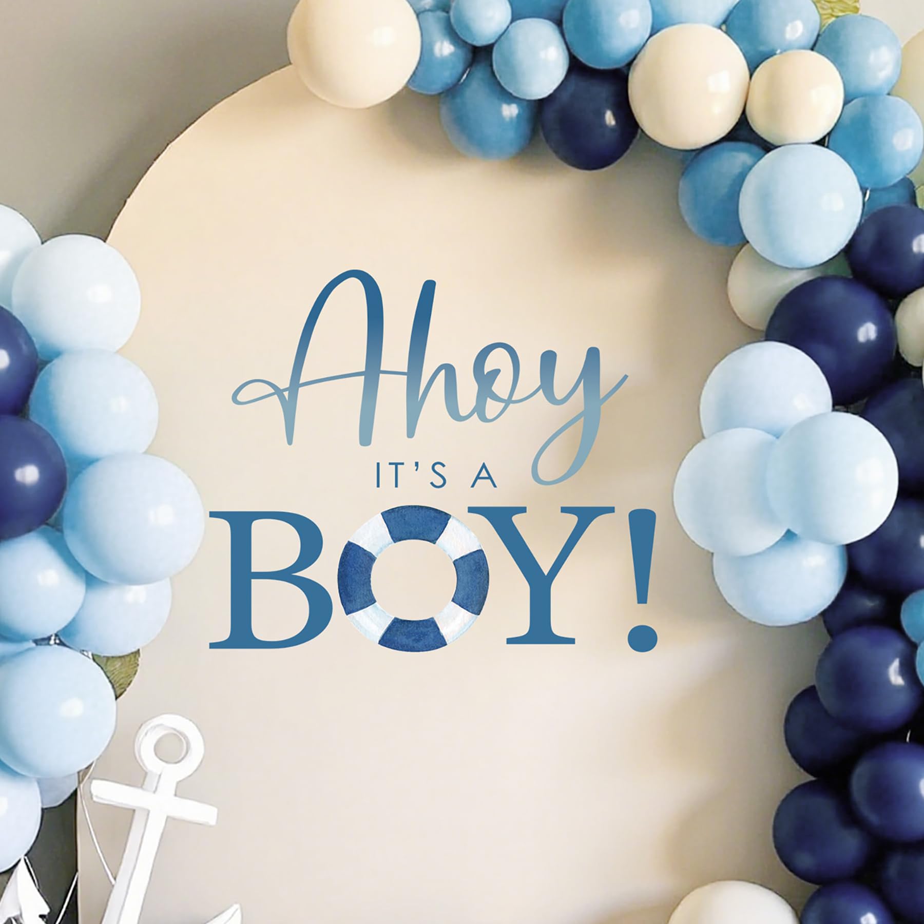 Dvehdbay Ahoy Its a Boy arch backdrop decal featuring playful life-ring O for nautical parties.