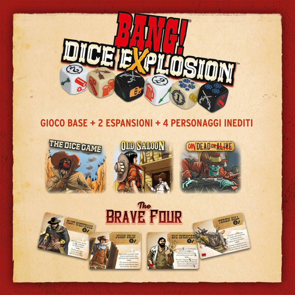 Bang Dice Explosion age 8+ label supports family play.