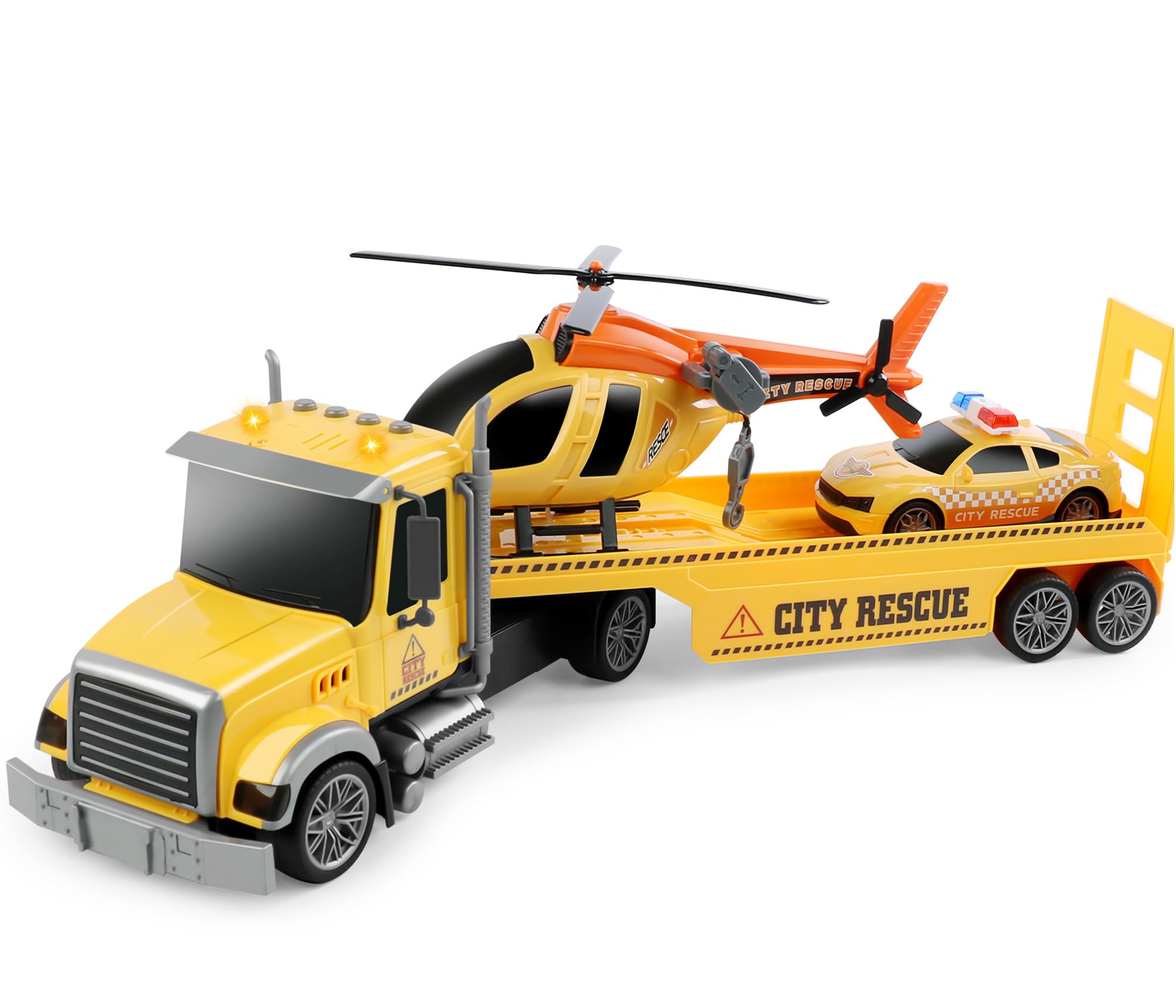 Dwi Dowellin 27-inch tow truck with trailer and helicopter for imaginative play.