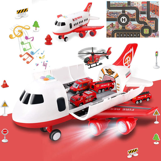 Dwi Dowellin airplane playset with fire trucks supports imaginative play on a detailed rescue-themed mat.