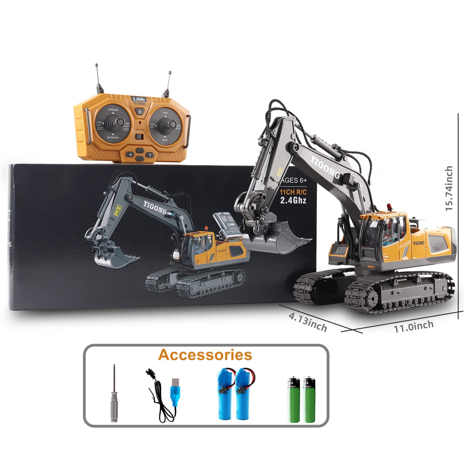 Dwi Dowellin RC excavator gift packaging, ideal for birthdays.