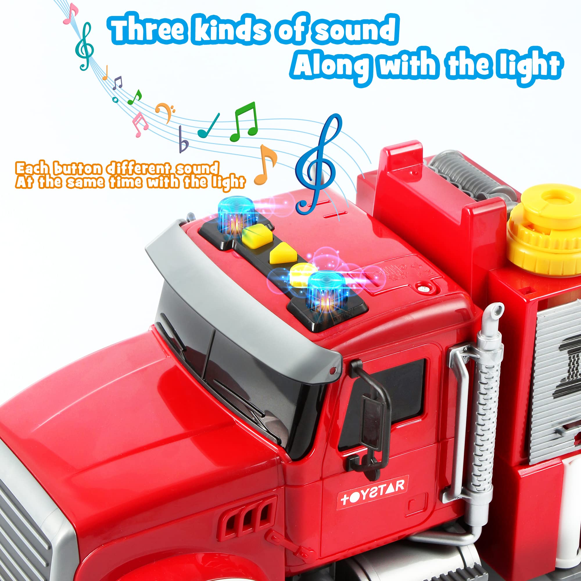 Dwi Dowellin fire truck features lights and sounds to spark imagination.