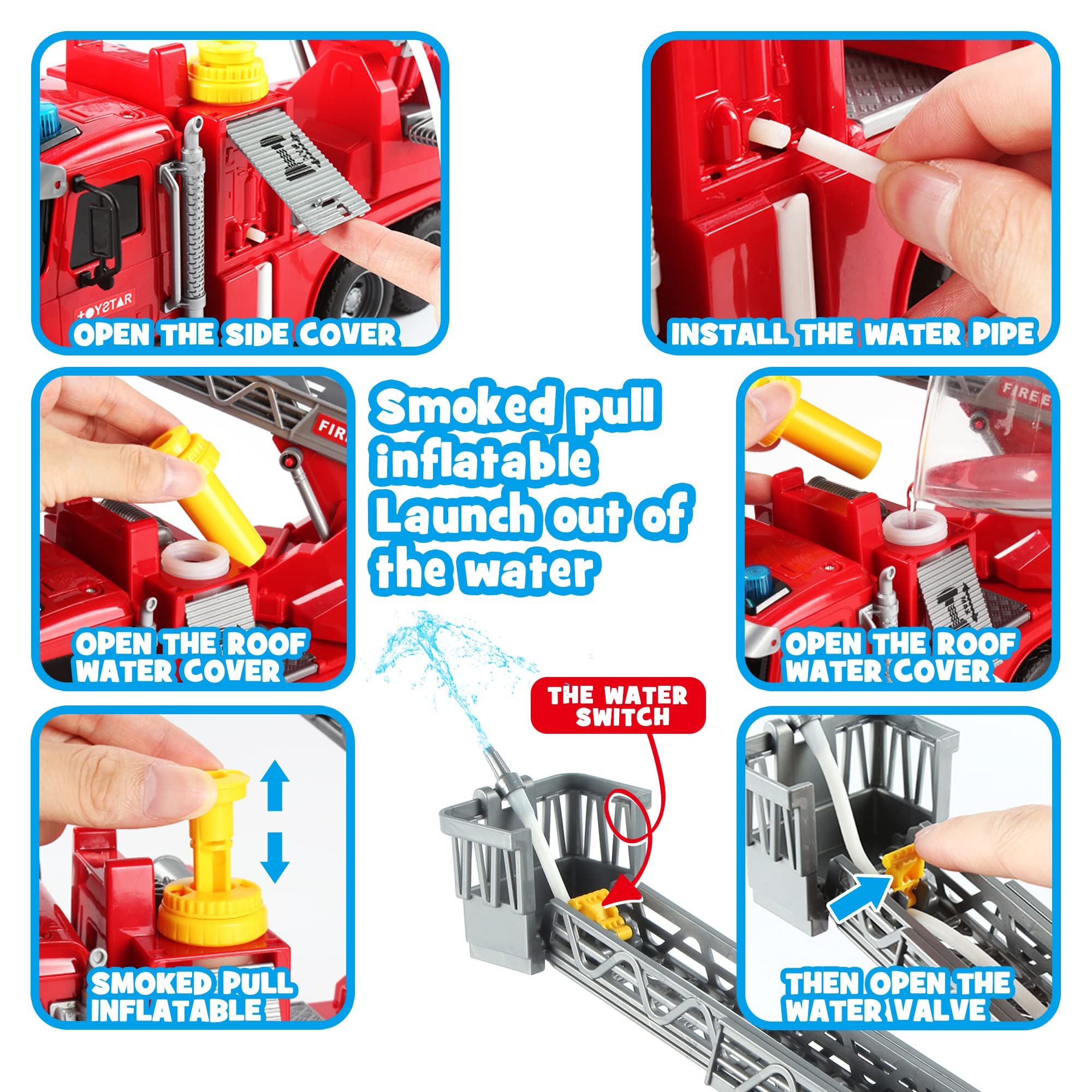 Dwi Dowellin fire truck includes water tank for realistic water play.