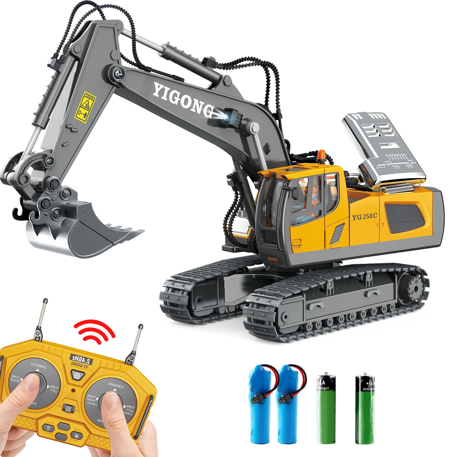 Dwi Dowellin RC excavator toy with metal digging shovel for outdoor digging.