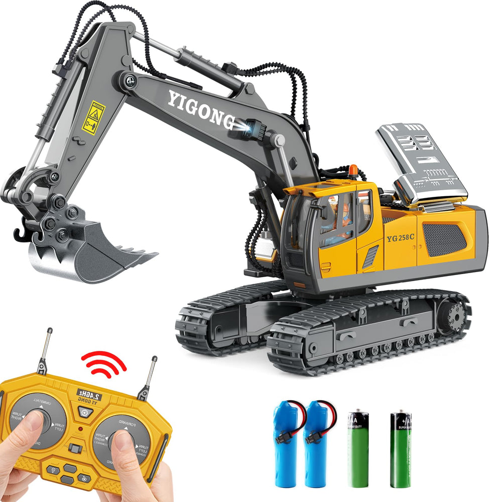 Dwi Dowellin RC excavator toy with metal digging shovel for outdoor digging.