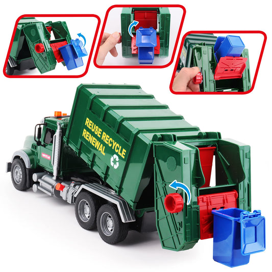 Dwi Dowellin three rear-loader cans ready for pretend waste sorting