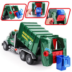 Dwi Dowellin three rear-loader cans ready for pretend waste sorting