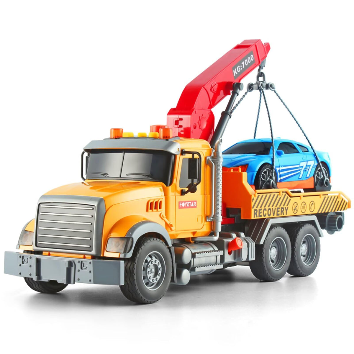 Dwi Dowellin tow truck toy shown in full length for playtime realism.