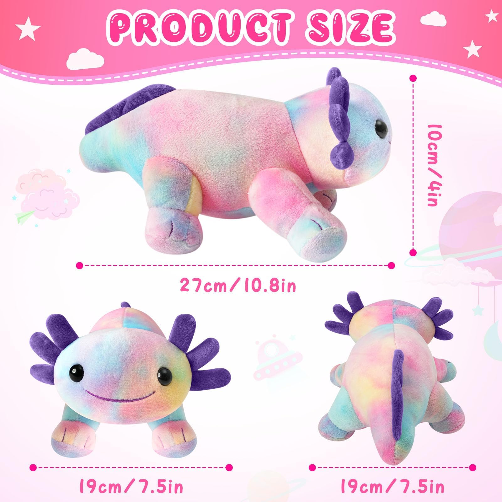 DYBFONO Axolotl plush pillow in multicolored hues for travel comfort.