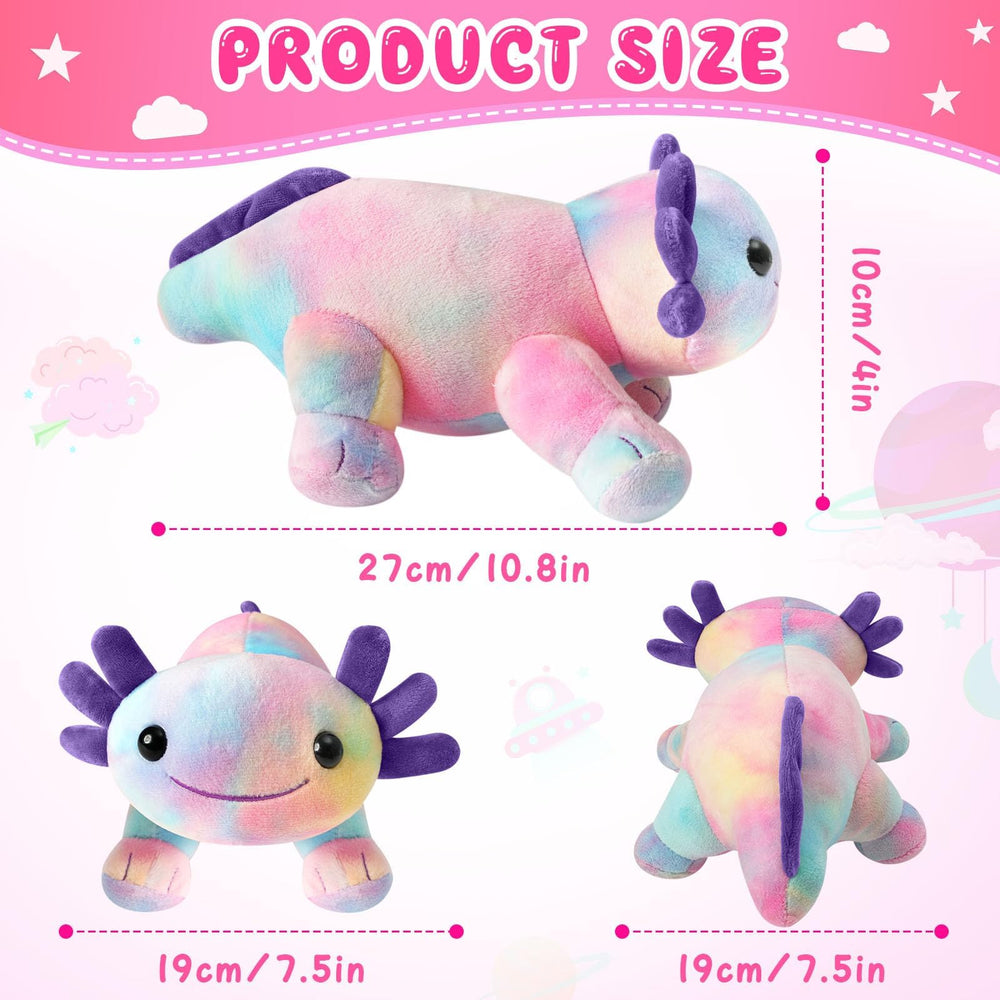 DYBFONO Axolotl plush pillow in multicolored hues for travel comfort.
