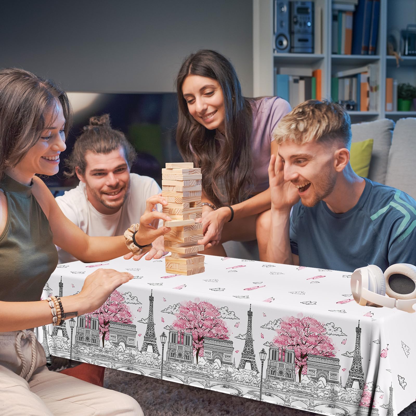 Dydamud Paris-theme tablecloth on table, ideal for indoor celebrations.