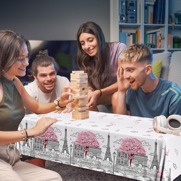 Dydamud Paris-theme tablecloth on table, ideal for indoor celebrations.