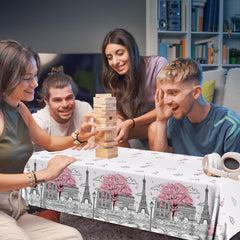 Dydamud Paris-theme tablecloth on table, ideal for indoor celebrations.