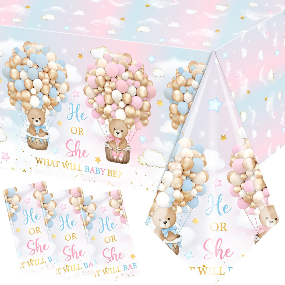 Dydamud teddy bear gender reveal tablecloth pink and blue close-up shows color theme and material.