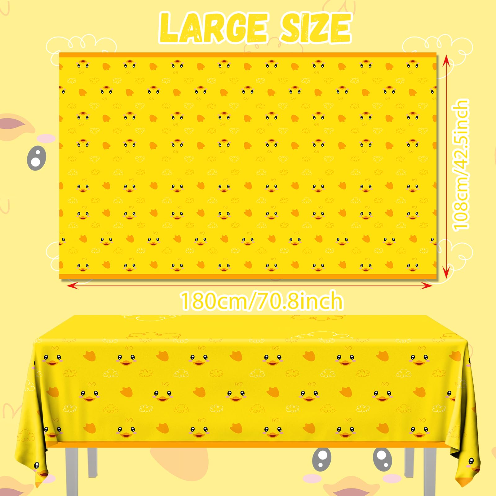 Dydamud yellow duckie tablecloth is disposable for quick cleanup.