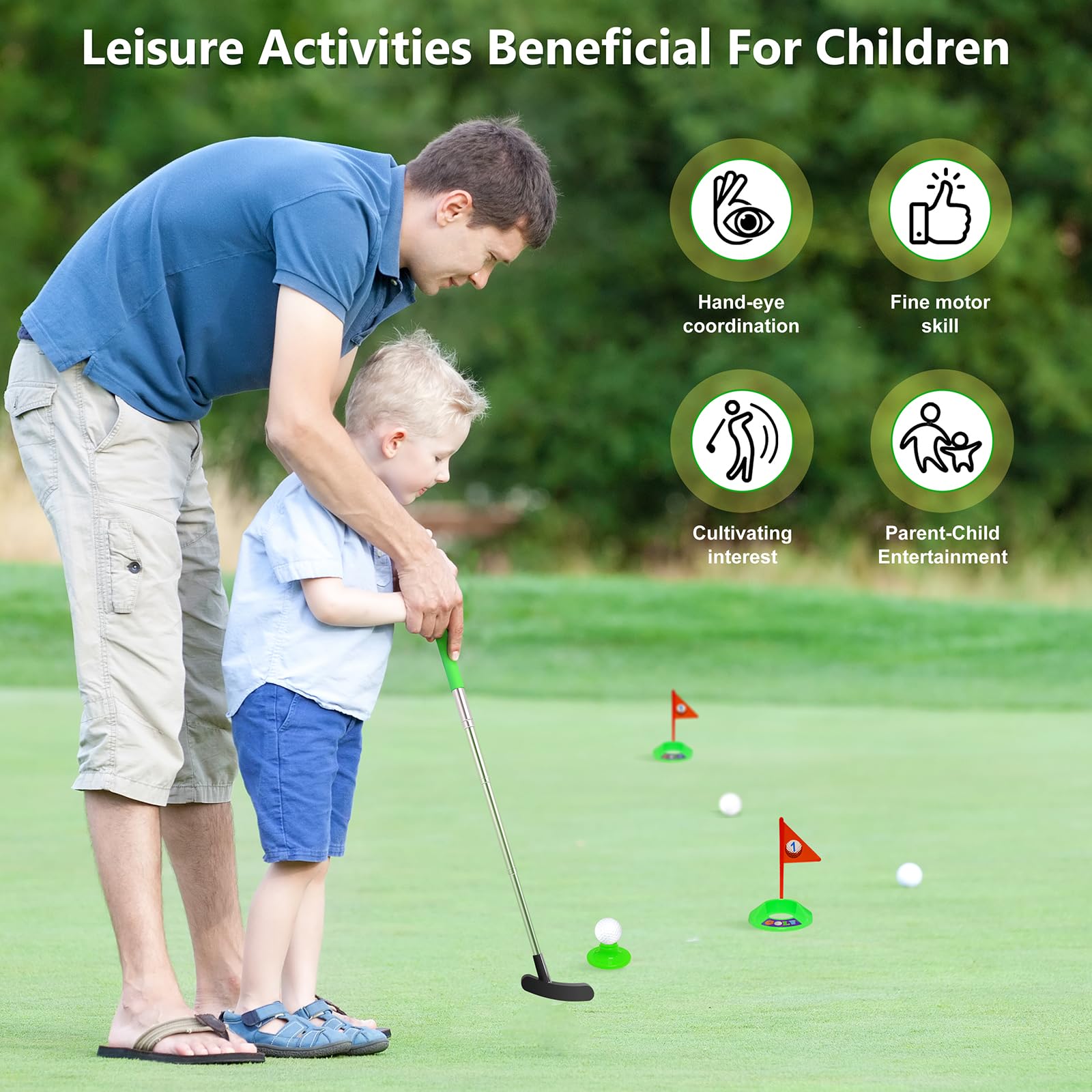 Dyienocs kids golf clubs set: mini course for family-friendly play at home or park.