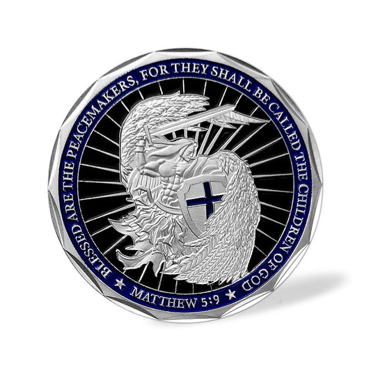 Saint Michael police coin back view with prayer and blessing inscription.