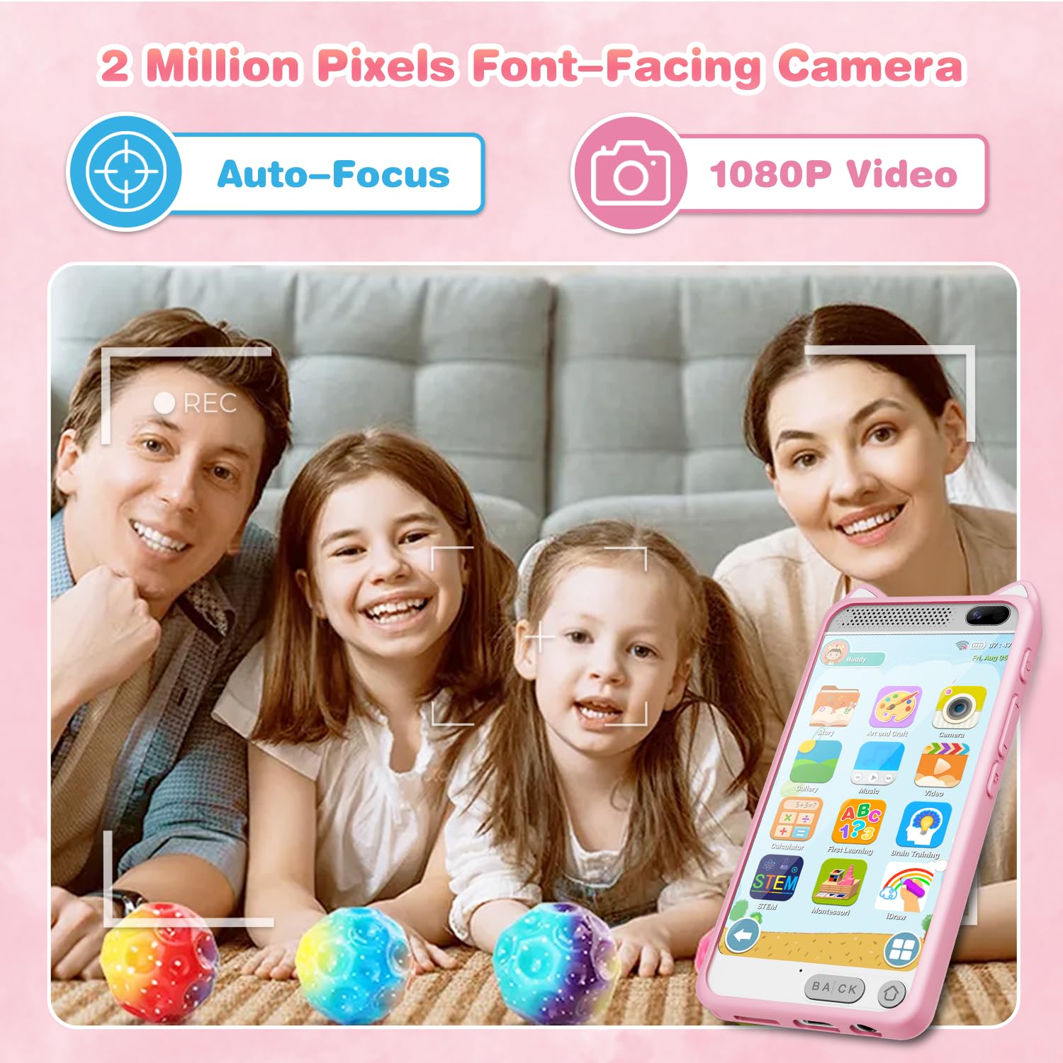 E Teacher Kids Smart Phone Pink 2000mAh battery powers longer play.