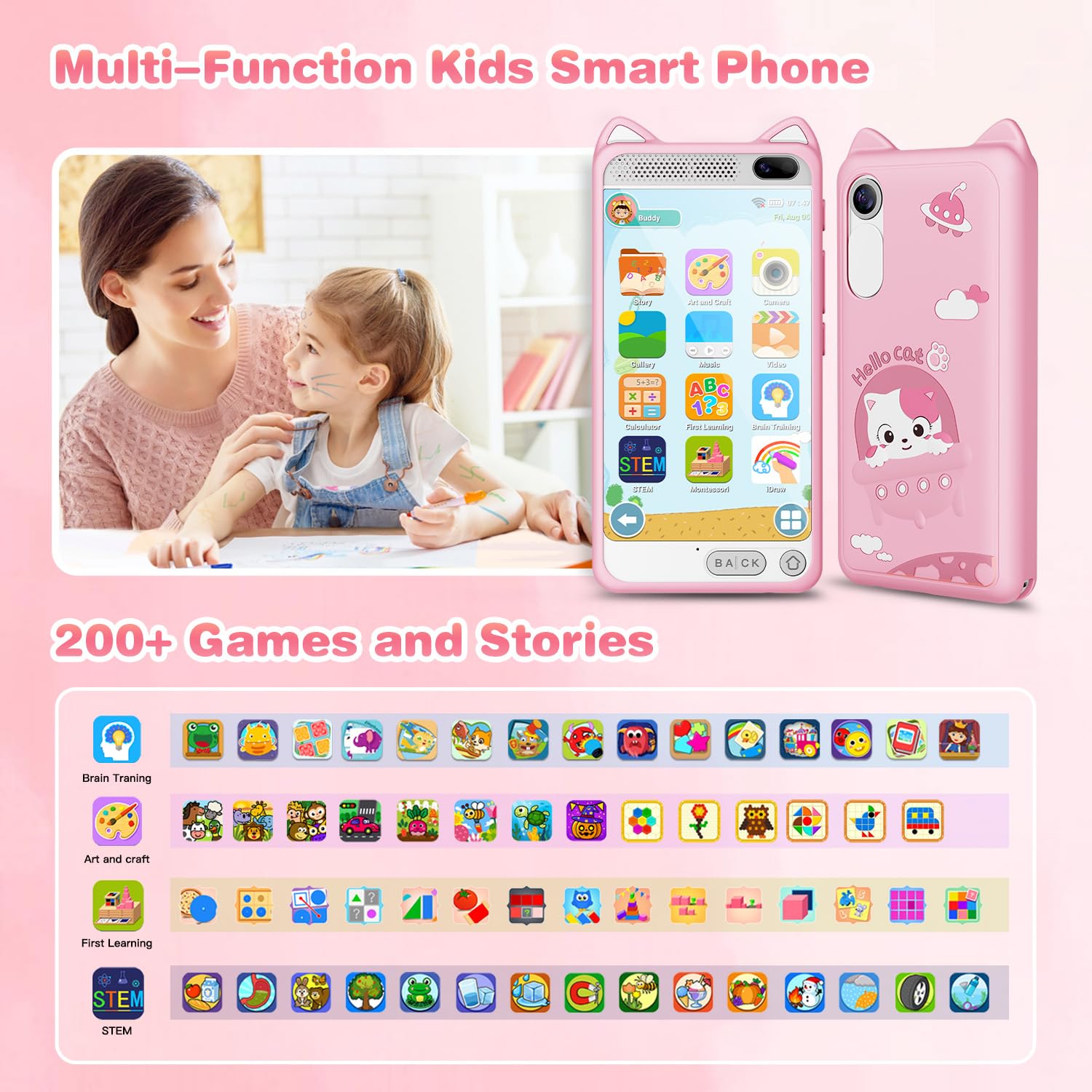 E Teacher Kids Smart Phone Pink dual camera for creative exploration.