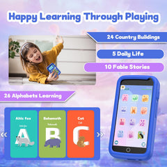 E teacher Kids Smart Phone Toy blue games menu with 200 puzzles.