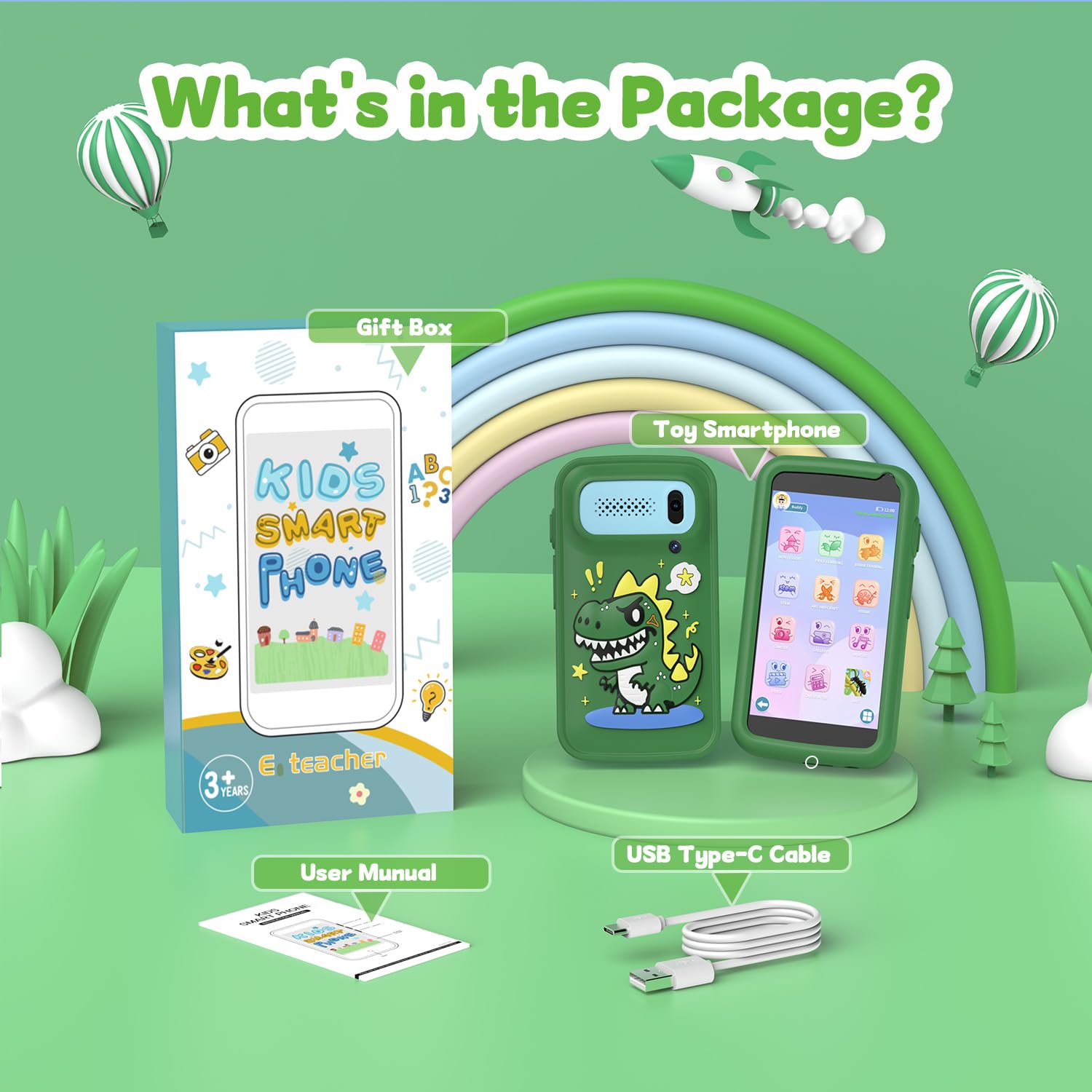 E teacher Kids Smartphone green battery indicator emphasizes long play time