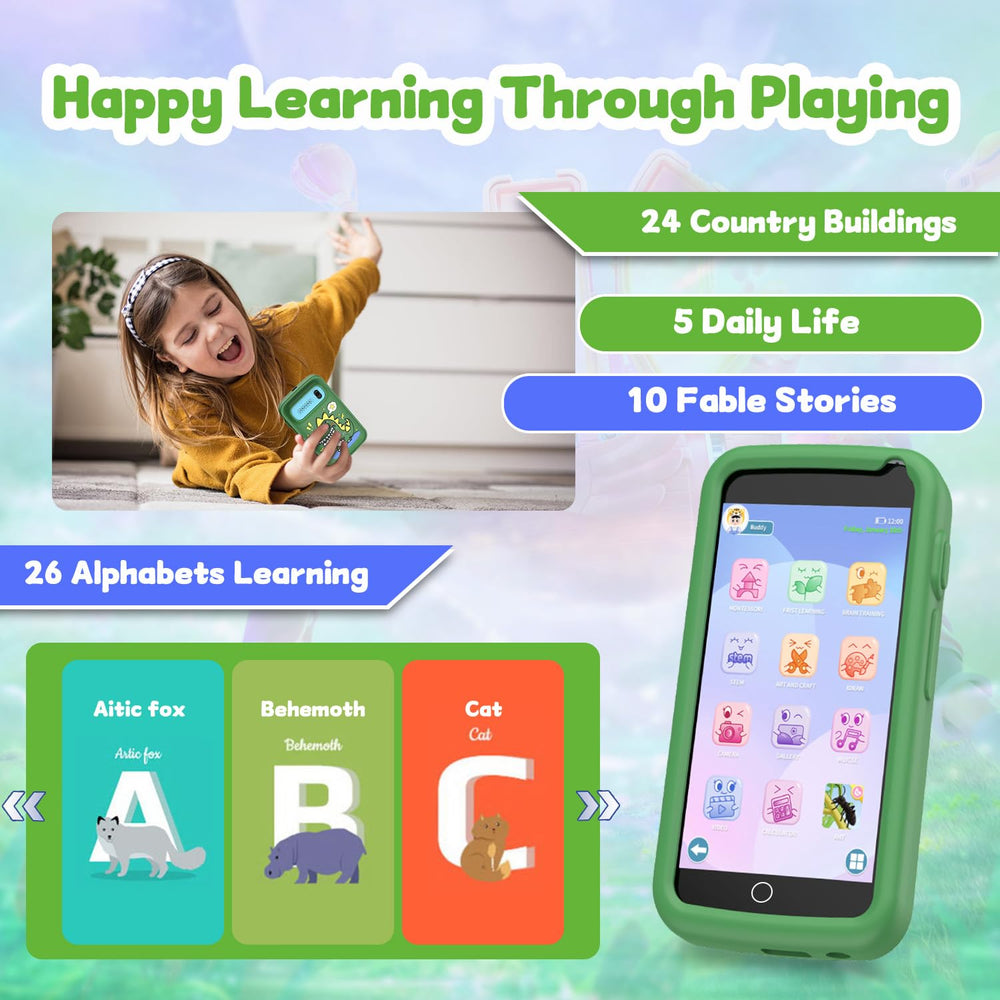 E teacher Kids Smartphone green puzzle games showcasing cognitive play features