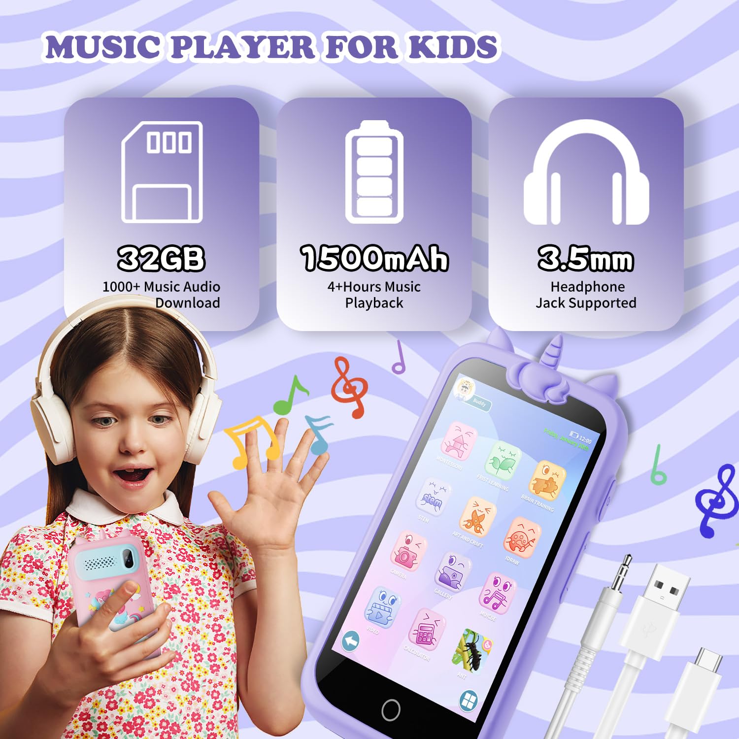 E teacher Kids Toys Phone screen demo highlighting educational apps and puzzle games.