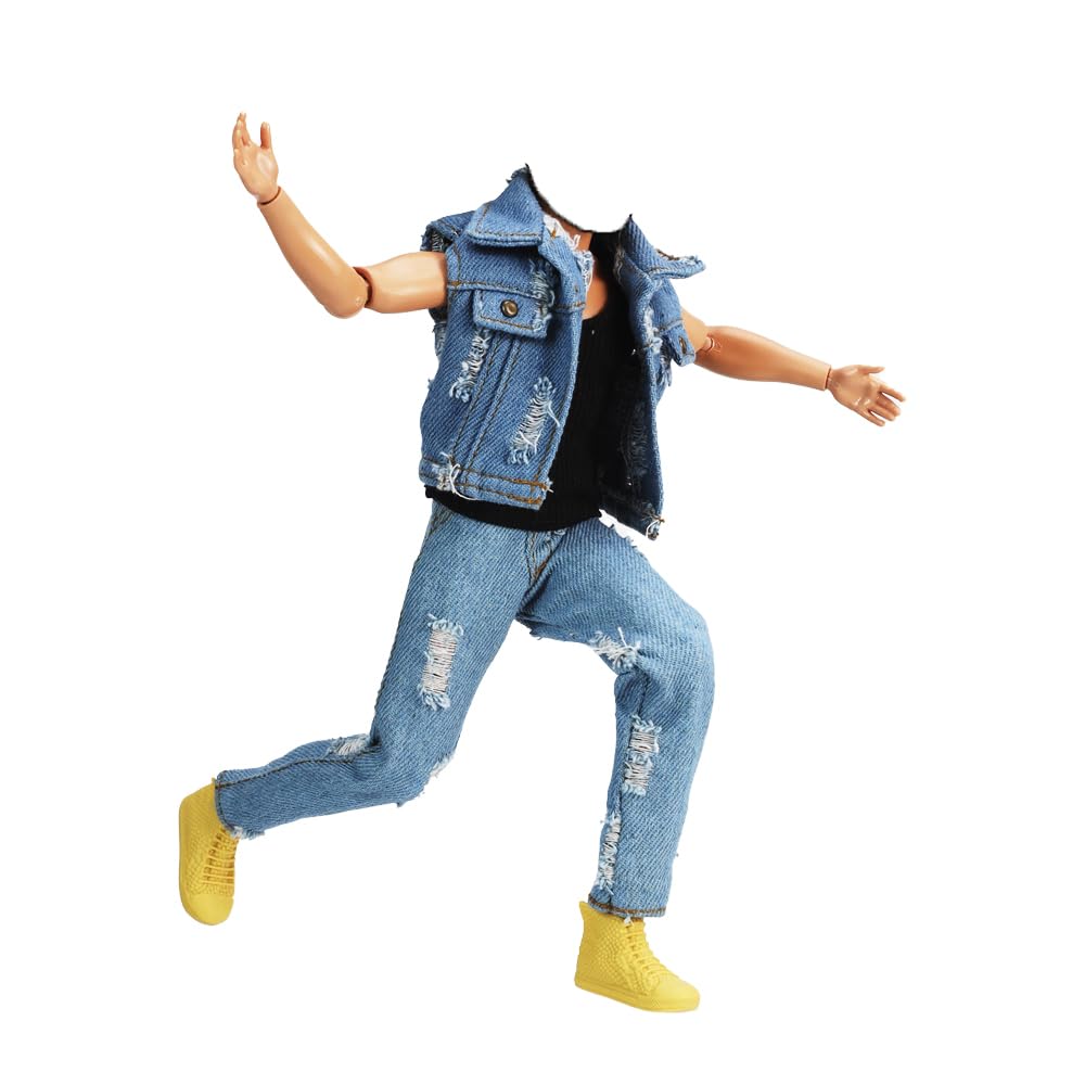 E-TING denim set with ripped vest jacket for versatile play outfits.