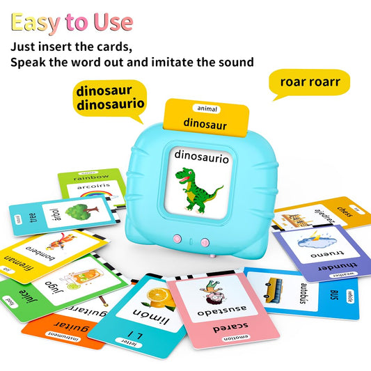 Eaever bilingual flash cards read aloud to reinforce vocabulary in English and Spanish.