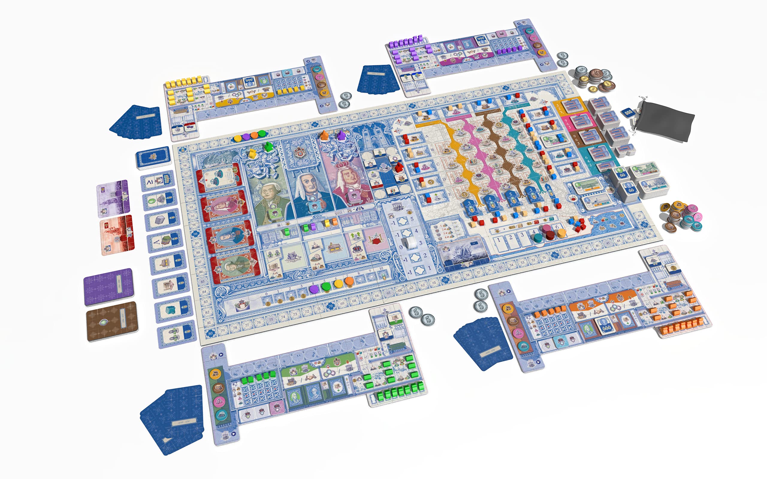 Lisboa Deluxe Edition components close-up featuring high-quality game pieces.