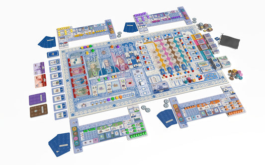Lisboa Deluxe Edition components close-up featuring high-quality game pieces.