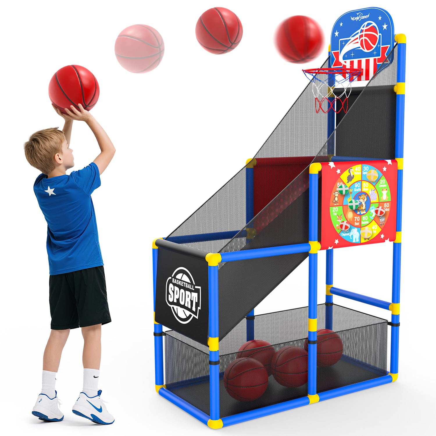 EagleStone 2-in-1 arcade hoop assembly demonstrates a sturdy base for stable play.