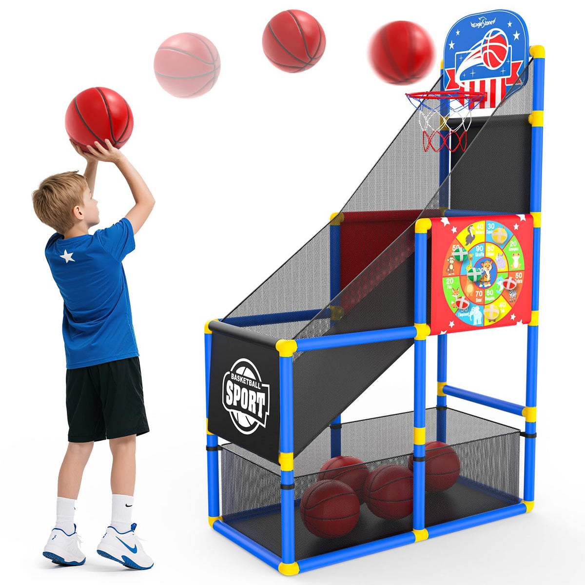 EagleStone 2-in-1 arcade hoop assembly demonstrates a sturdy base for stable play.