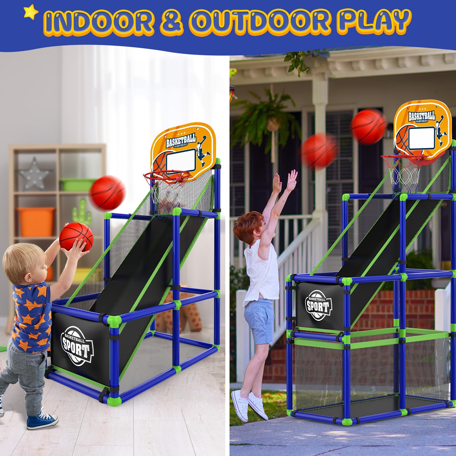 Height-adjusted EagleStone Arcade hoop shown at multiple heights for growing kids.