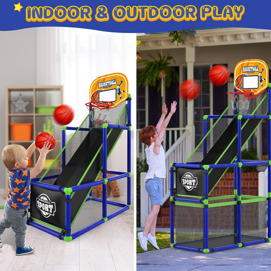 Height-adjusted EagleStone Arcade hoop shown at multiple heights for growing kids.