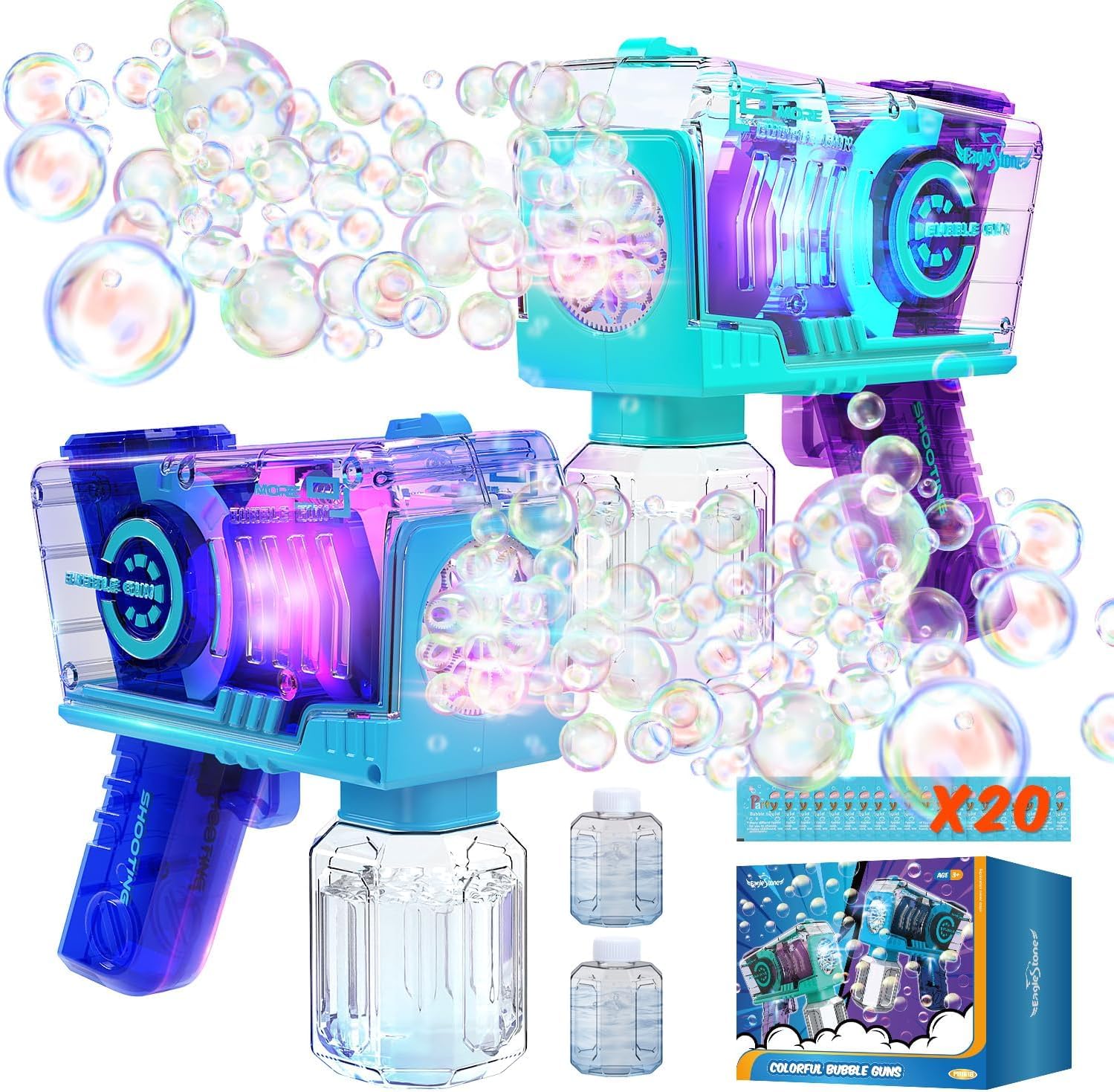 EagleStone bubble gun 2-pack with LED lights for outdoor play.
