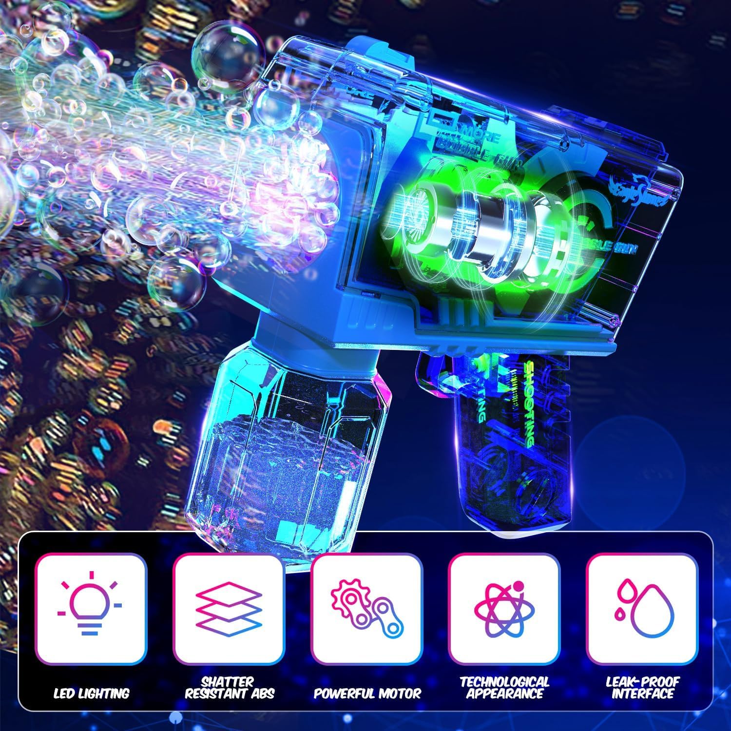 EagleStone bubble gun with transparent shell and color-changing lights.