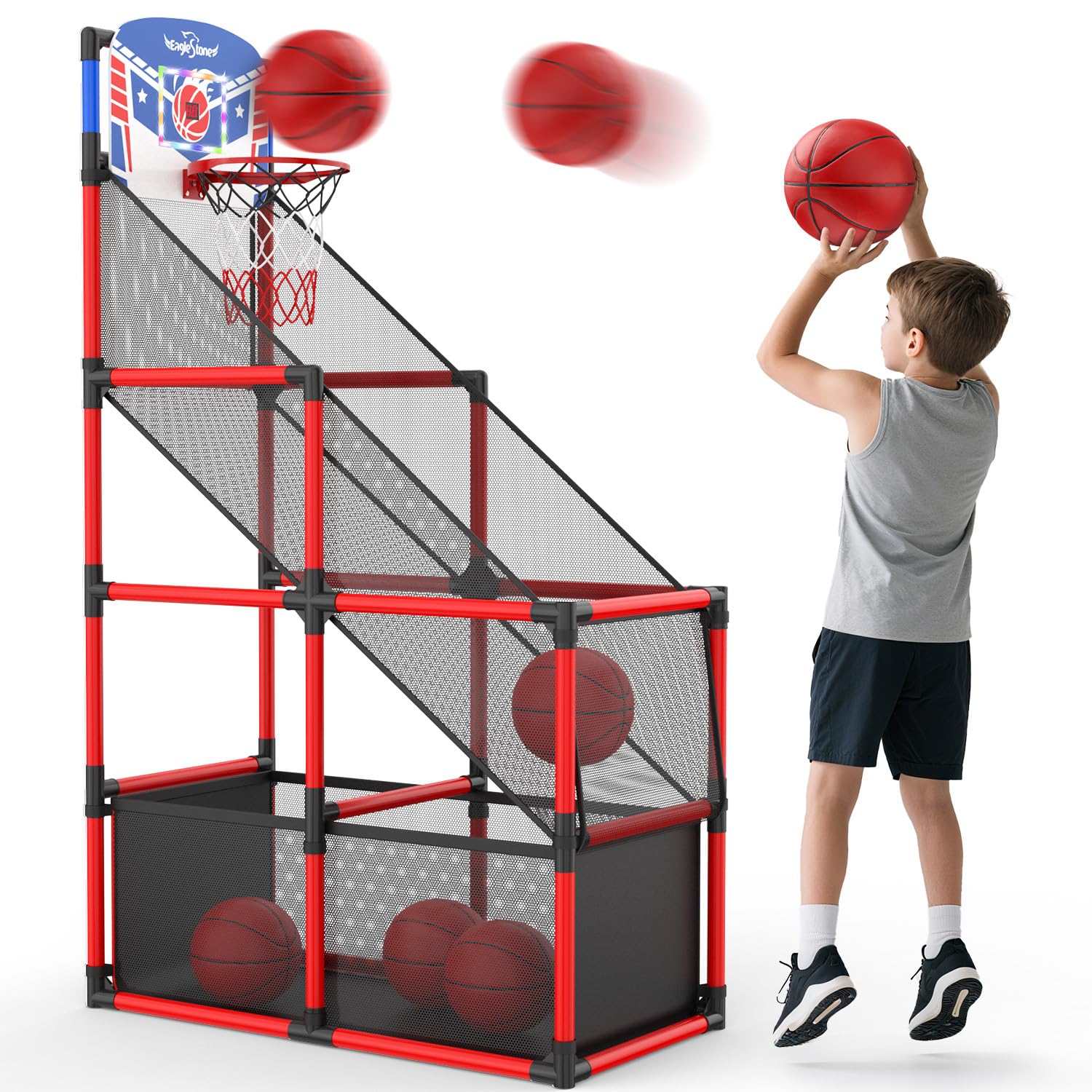 EagleStone kids adjustable arcade hoop with LED scoreboard for active play indoors