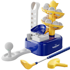 EagleStone foot pedal launcher shown with toddler golf set for indoor outdoor play