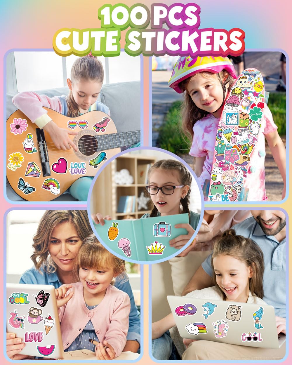 EAPHANT water bottle stickers – guitar and skateboard accents, durable for outdoor use.