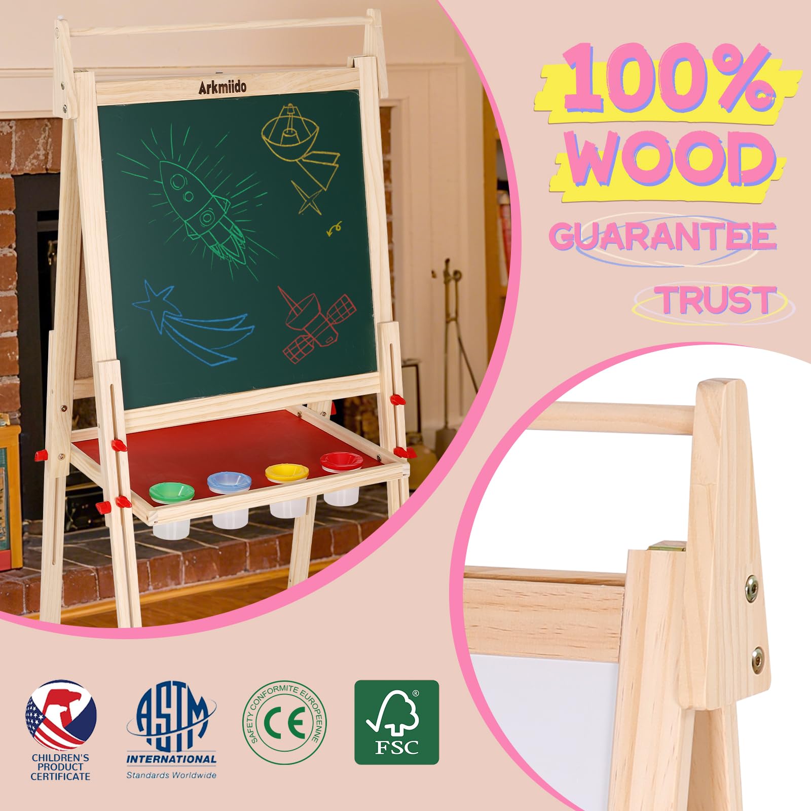 EAQ Easel bottom shelf keeps chalk, erasers and cups organized.