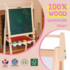 EAQ Easel bottom shelf keeps chalk, erasers and cups organized.