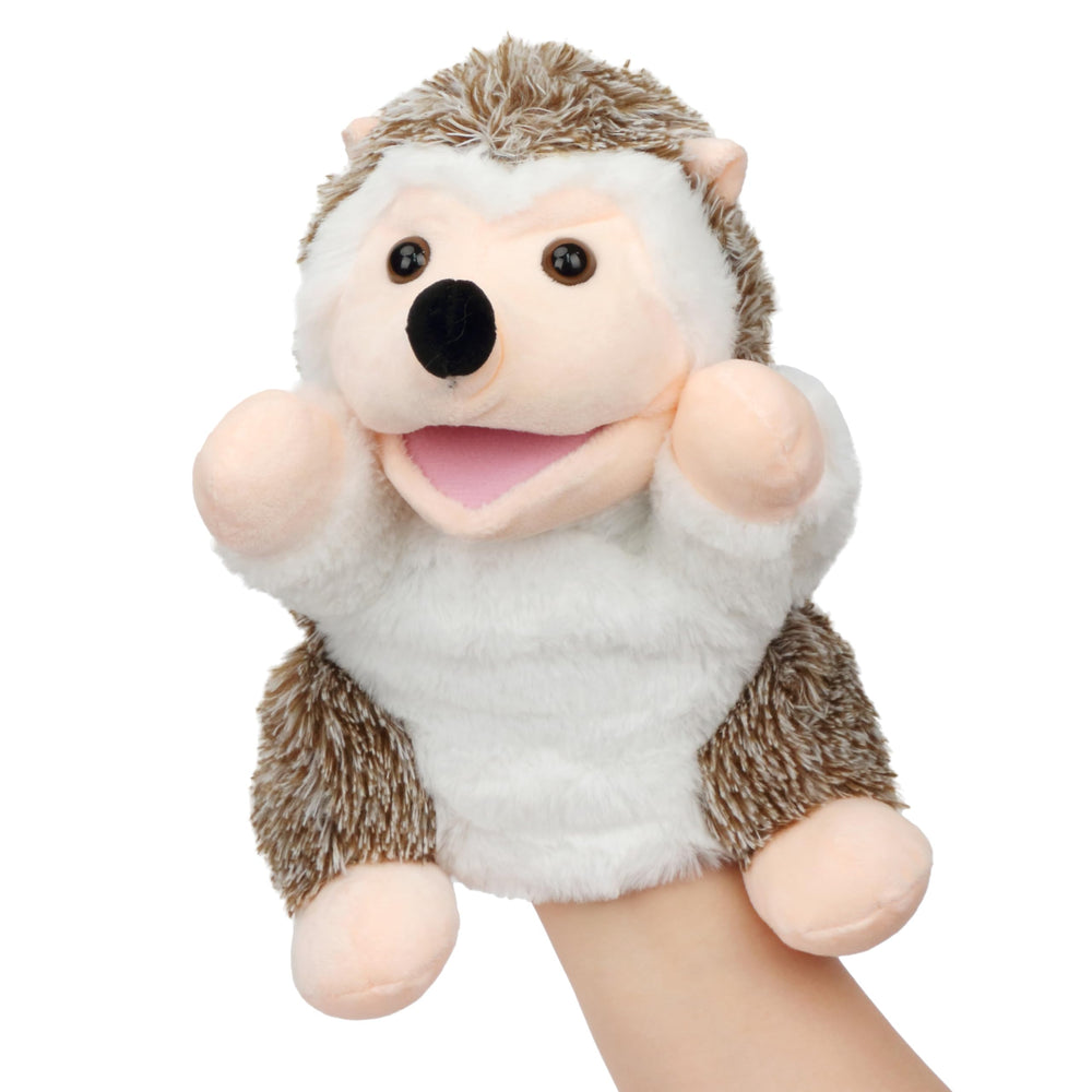 Easfan Hedgehog hand puppet, front view in soft plush for cozy storytelling.