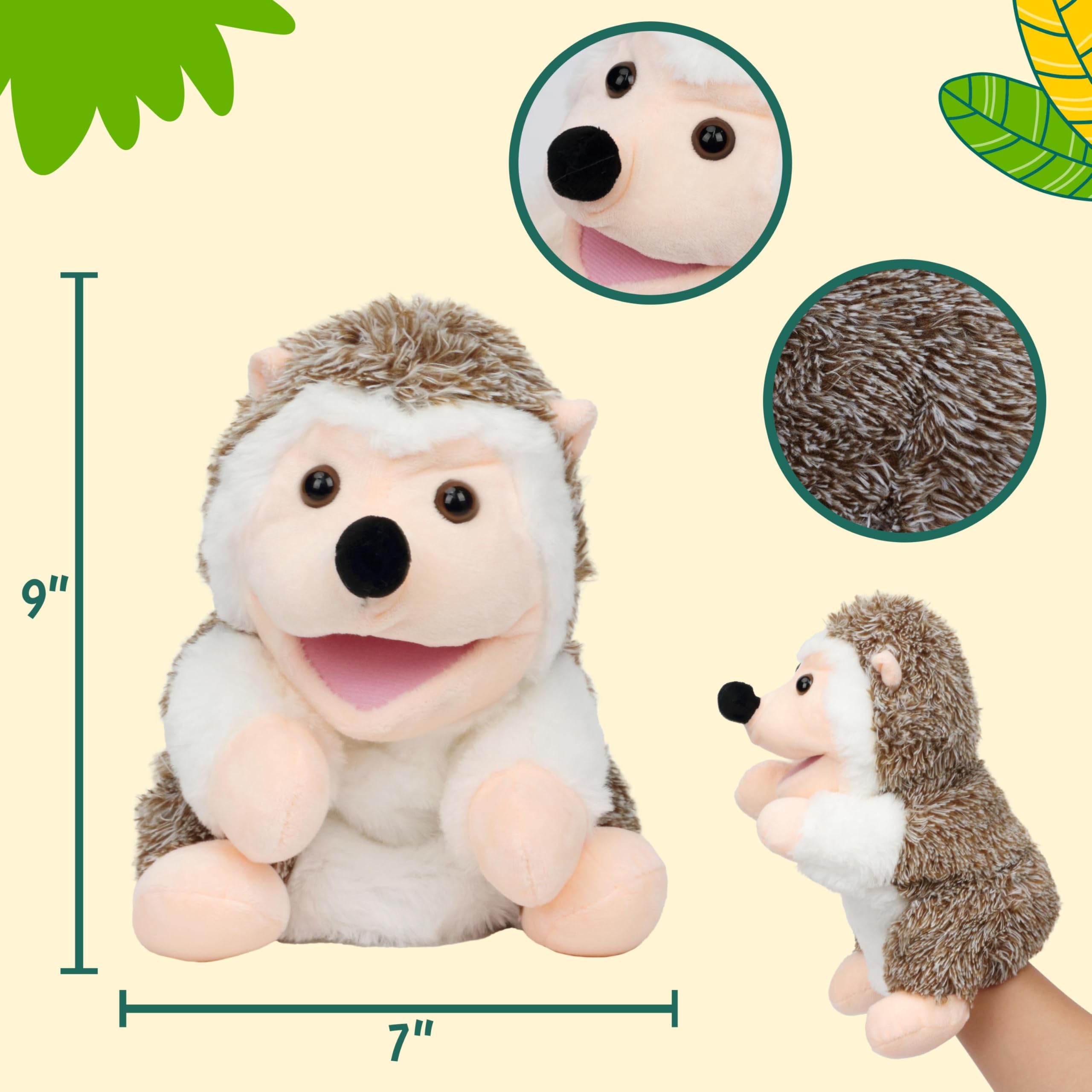 Easfan Hedgehog hand puppet worn on a child's hand for interactive storytelling.