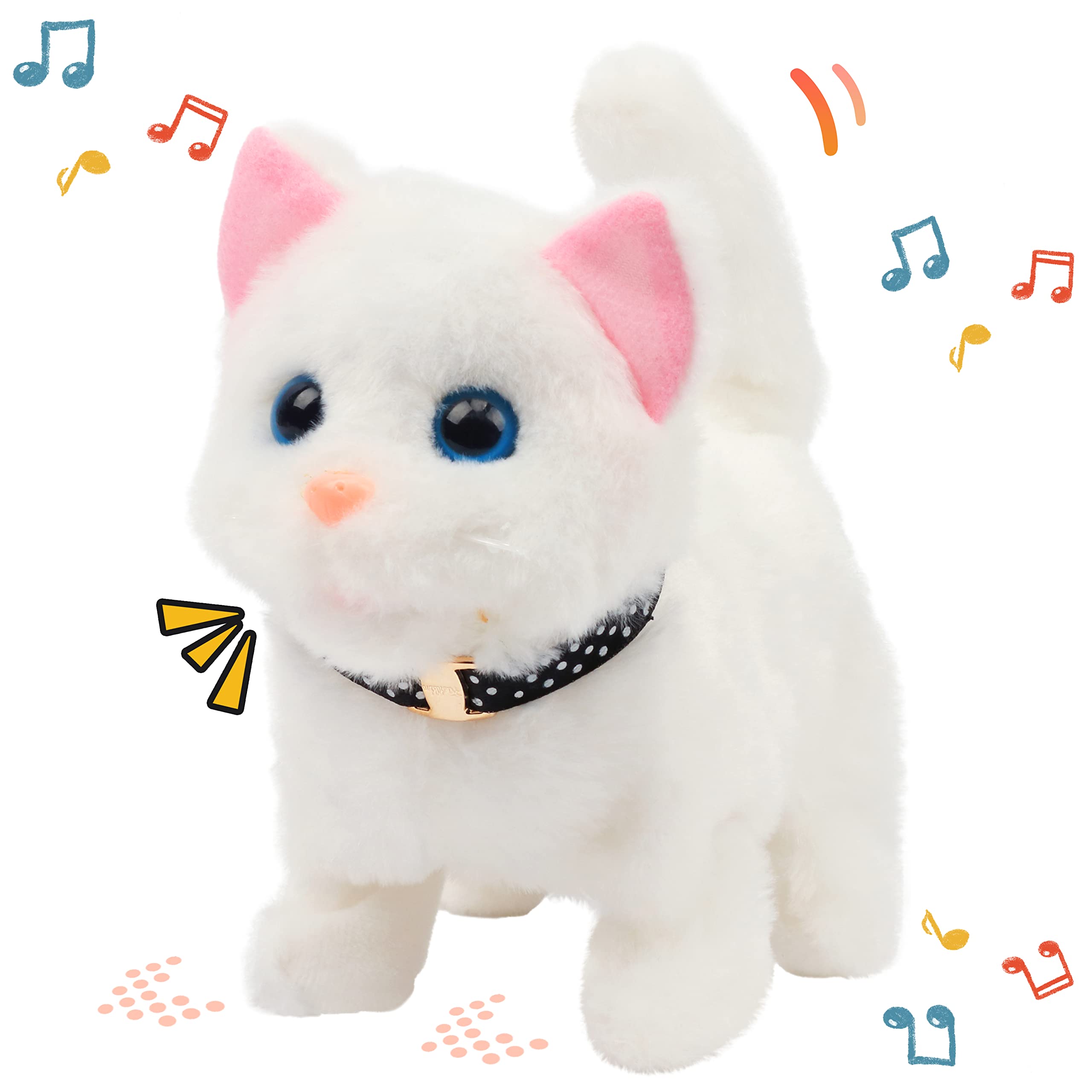 Easfan Walking Kitty plush, front view, soft white fur with pink ears and blue eyes.